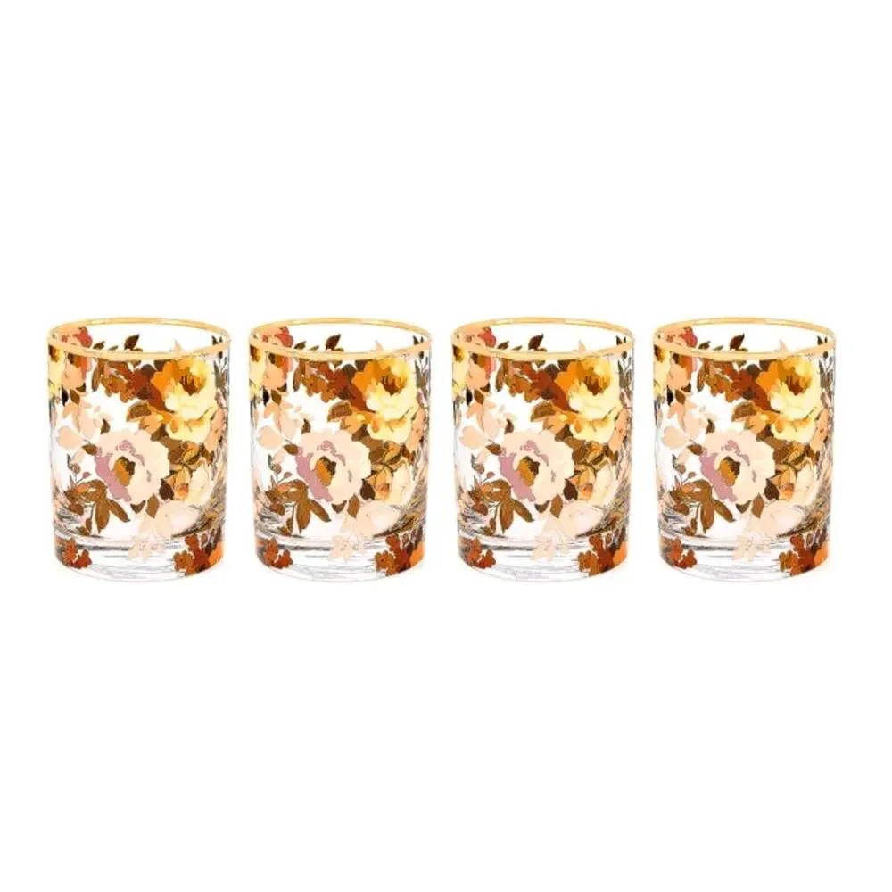 MacKenzie-Childs Wild Rose Tumbler Glass Set of 4 Floral Barware in Original Box